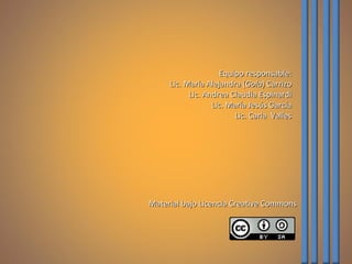 Equipo responsable:Equipo responsable:
Lic. María Alejandra (Lic. María Alejandra (GolaGola) Carrizo) Carrizo
Lic. Andrea Claudia EspinardiLic. Andrea Claudia Espinardi
Lic. María Jesús GarcíaLic. María Jesús García
Lic. Carla VallesLic. Carla Valles
Material bajo Licencia Creative CommonsMaterial bajo Licencia Creative Commons
 