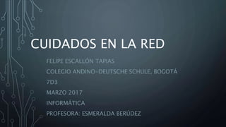 CUIDADOS EN LA RED
FELIPE ESCALLÓN TAPIAS
COLEGIO ANDINO-DEUTSCHE SCHULE, BOGOTÁ
7D3
MARZO 2017
INFORMÁTICA
PROFESORA: ESMERALDA BERÚDEZ
 
