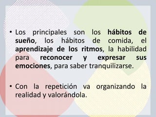 • Los principales son los hábitos de
  sueño, los hábitos de comida, el
  aprendizaje de los ritmos, la habilidad
  para reconocer y expresar sus
  emociones, para saber tranquilizarse.

• Con la repetición va organizando la
  realidad y valorándola.
 