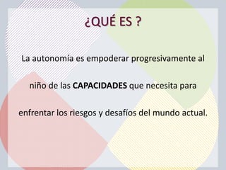 ¿QUÉ ES ?

La autonomía es empoderar progresivamente al

  niño de las CAPACIDADES que necesita para

enfrentar los riesgos y desafíos del mundo actual.
 