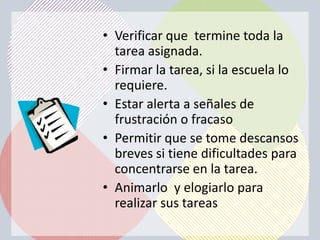 • Verificar que termine toda la
  tarea asignada.
• Firmar la tarea, si la escuela lo
  requiere.
• Estar alerta a señales de
  frustración o fracaso
• Permitir que se tome descansos
  breves si tiene dificultades para
  concentrarse en la tarea.
• Animarlo y elogiarlo para
  realizar sus tareas
 