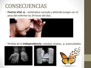 CONSECUENCIAS
• Fuerza vital ↓ : sintiéndose cansado y dolorido (cargar con el
peso del enfermo las 24 horas del día).

• Pérdida de la independencia: soledad, tristeza, ↓ autocuidados

 