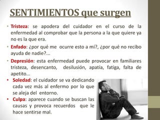 SENTIMIENTOS que surgen
• Tristeza: se apodera del cuidador en el curso de la
enfermedad al comprobar que la persona a la que quiere ya
no es la que era.
• Enfado: ¿por qué me ocurre esto a mí?, ¿por qué no recibo
ayuda de nadie?...
• Depresión: esta enfermedad puede provocar en familiares
tristeza, desencanto, desilusión, apatía, fatiga, falta de
apetito...
• Soledad: el cuidador se va dedicando
cada vez más al enfermo por lo que
se aleja del entorno.
• Culpa: aparece cuando se buscan las
causas y provoca recuerdos que le
hace sentirse mal.

 