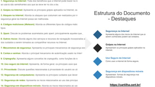 Segurança em dispositivos móveis
Apresentam formas de segurança nos
dispositivos móveis.
Uso Seguro da Internet
Como usar a internet de forma segura.
Segurança na Internet
Apresenta alguns dos riscos da Internet que ai
serem conhecidos podem ser evitados.
Golpes na Internet
Apresentam os principais golpes aplicados na
internet.
Estrutura do Documento
- Destaques
https://cartilha.cert.br/
 