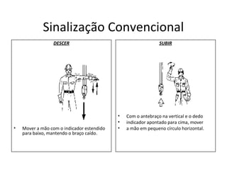 Sinalização Convencional
DESCER
• Mover a mão com o indicador estendido
para baixo, mantendo o braço caído.
SUBIR
• Com o antebraço na vertical e o dedo
• indicador apontado para cima, mover
• a mão em pequeno círculo horizontal.
 