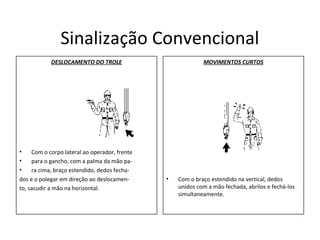 Sinalização Convencional
DESLOCAMENTO DO TROLE
• Com o corpo lateral ao operador, frente
• para o gancho, com a palma da mão pa-
• ra cima, braço estendido, dedos fecha-
dos e o polegar em direção ao deslocamen-
to, sacudir a mão na horizontal.
MOVIMENTOS CURTOS
• Com o braço estendido na vertical, dedos
unidos com a mão fechada, abrilos e fechá-los
simultaneamente.
 