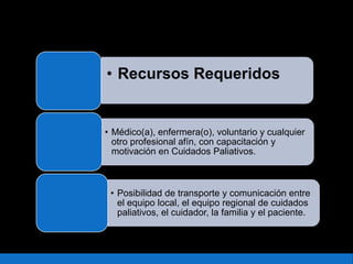 • Recursos Requeridos
• Médico(a), enfermera(o), voluntario y cualquier
otro profesional afín, con capacitación y
motivación en Cuidados Paliativos.
• Posibilidad de transporte y comunicación entre
el equipo local, el equipo regional de cuidados
paliativos, el cuidador, la familia y el paciente.
 