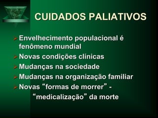 CUIDADOS PALIATIVOS
Envelhecimento populacional é
fenômeno mundial
Novas condições clínicas
Mudanças na sociedade
Mudanças na organização familiar
Novas “formas de morrer” -
“medicalização” da morte
 