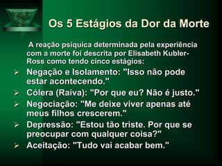 Os 5 Estágios da Dor da Morte
A reação psíquica determinada pela experiência
com a morte foi descrita por Elisabeth Kubler-
Ross como tendo cinco estágios:
 Negação e Isolamento: "Isso não pode
estar acontecendo."
 Cólera (Raiva): "Por que eu? Não é justo."
 Negociação: "Me deixe viver apenas até
meus filhos crescerem."
 Depressão: "Estou tão triste. Por que se
preocupar com qualquer coisa?"
 Aceitação: "Tudo vai acabar bem."
 