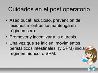 Cuidados en el post operatorio
• Aseo bucal acucioso, prevención de
lesiones mientras se mantenga en
régimen cero.
• Promover y incentivar a la diuresis.
• Una vez que se inicien movimientos
peristálticos intestinales (y SPM) iniciar
régimen hídrico o SPM.
 