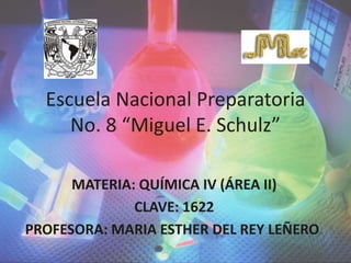 Escuela Nacional Preparatoria No. 8 “Miguel E. Schulz” MATERIA: QUÍMICA IV (ÁREA II) CLAVE: 1622 PROFESORA: MARIA ESTHER DEL REY LEÑERO. 