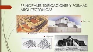 PRINCIPALES EDIFICACIONES Y FORMAS
ARQUITECTONICAS
 Zigurats
 Palacios
 