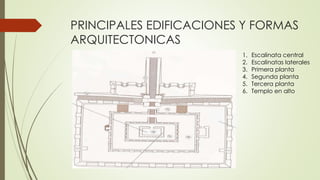PRINCIPALES EDIFICACIONES Y FORMAS
ARQUITECTONICAS
1. Escalinata central
2. Escalinatas laterales
3. Primera planta
4. Segunda planta
5. Tercera planta
6. Templo en alto
 