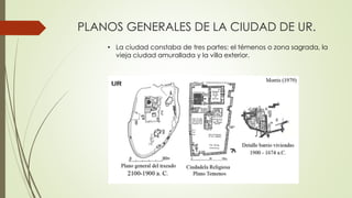 PLANOS GENERALES DE LA CIUDAD DE UR.
• La ciudad constaba de tres partes: el témenos o zona sagrada, la
vieja ciudad amurallada y la villa exterior.
 