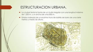 ESTRUCTURACION URBANA.
 La ciudad tenía la forma de un óvalo irregular con una longitud máxima
de 1.200 m. y un ancho de unos 800 m.
 Estaba rodeada de un enorme muro de ladrillo de barro de unos siete
metros y medio de altura.
 