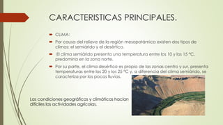 CARACTERISTICAS PRINCIPALES.
 CLIMA:
 Por causa del relieve de la región mesopotámica existen dos tipos de
climas: el semiárido y el desértico.
 El clima semiárido presenta una temperatura entre los 10 y los 15 °C,
predomina en la zona norte.
 Por su parte, el clima desértico es propio de las zonas centro y sur, presenta
temperaturas entre los 20 y los 25 °C y, a diferencia del clima semiárido, se
caracteriza por las pocas lluvias.
Las condiciones geográficas y climáticas hacían
difíciles las actividades agrícolas.
 