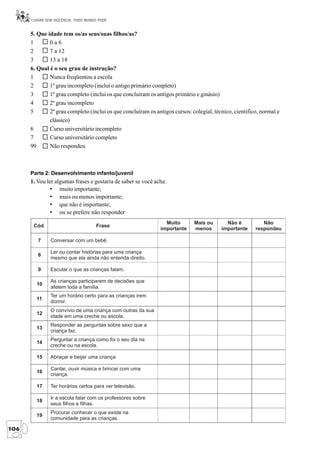 CUIDAR SEM VIOLÊNCIA, TODO MUNDO PODE


      5. Que idade tem os/as seus/suas filhos/as?
      1       0a6
      2       7 a 12
      3       13 a 18
      6. Qual é o seu grau de instrução?
      1       Nunca freqüentou a escola
      2       1º grau incompleto (inclui o antigo primário completo)
      3       1º grau completo (inclui os que concluíram os antigos primário e ginásio)
      4       2º grau incompleto
      5       2º grau completo (inclui os que concluíram os antigos cursos: colegial, técnico, cientifico, normal e
              clássico)
      6       Curso universitário incompleto
      7       Curso universitário completo
      99      Não respondeu



      Parte 2: Desenvolvimento infanto/juvenil
      1. Vou ler algumas frases e gostaria de saber se você acha:
              • muito importante;
              • mais ou menos importante;
              • que não é importante;
              • ou se prefere não responder
                                                                Muito        Mais ou       Não é           Não
       Cód.                          Frase
                                                              importante     menos       importante     respondeu

         7     Conversar com um bebê.

               Ler ou contar histórias para uma criança
         8
               mesmo que ela ainda não entenda direito.

         9     Escutar o que as crianças falam.

               As crianças participarem de decisões que
        10
               afetem toda a família.
               Ter um horário certo para as crianças irem
        11
               dormir.
               O convívio de uma criança com outras da sua
        12
               idade em uma creche ou escola.
               Responder as perguntas sobre sexo que a
        13
               criança faz.
               Perguntar a criança como foi o seu dia na
        14
               creche ou na escola.

        15     Abraçar e beijar uma criança

               Cantar, ouvir música e brincar com uma
        16
               criança.

        17     Ter horários certos para ver televisão.

               Ir a escola falar com os professores sobre
        18
               seus filhos e filhas.
               Procurar conhecer o que existe na
        19
               comunidade para as crianças.

106
 