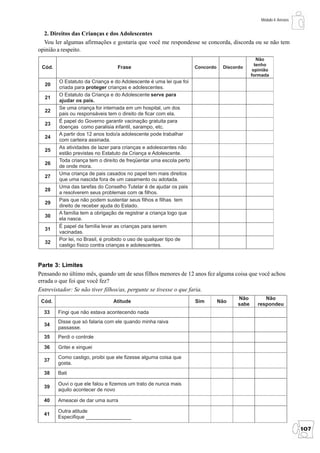 Módulo 4: Anexos


  2. Direitos das Crianças e dos Adolescentes
  Vou ler algumas afirmações e gostaria que você me respondesse se concorda, discorda ou se não tem
opinião a respeito.
                                                                                                Não
                                                                                               tenho
 Cód.                            Frase                              Concordo    Discordo
                                                                                              opinião
                                                                                             formada
        O Estatuto da Criança e do Adolescente é uma lei que foi
  20
        criada para proteger crianças e adolescentes.
        O Estatuto da Criança e do Adolescente serve para
  21
        ajudar os pais.
        Se uma criança for internada em um hospital, um dos
  22
        pais ou responsáveis tem o direito de ficar com ela.
        É papel do Governo garantir vacinação gratuita para
  23
        doenças como paralisia infantil, sarampo, etc.
        A partir dos 12 anos todo/a adolescente pode trabalhar
  24
        com carteira assinada.
        As atividades de lazer para crianças e adolescentes não
  25
        estão previstas no Estatuto da Criança e Adolescente.
        Toda criança tem o direito de freqüentar uma escola perto
  26
        de onde mora.
        Uma criança de pais casados no papel tem mais direitos
  27
        que uma nascida fora de um casamento ou adotada.
        Uma das tarefas do Conselho Tutelar é de ajudar os pais
  28
        a resolverem seus problemas com os filhos.
        Pais que não podem sustentar seus filhos e filhas tem
  29
        direito de receber ajuda do Estado.
        A família tem a obrigação de registrar a criança logo que
  30
        ela nasce.
        É papel da família levar as crianças para serem
  31
        vacinadas.
        Por lei, no Brasil, é proibido o uso de qualquer tipo de
  32
        castigo físico contra crianças e adolescentes.


Parte 3: Limites
Pensando no último mês, quando um de seus filhos menores de 12 anos fez alguma coisa que você achou
errada o que foi que você fez?
Entrevistador: Se não tiver filhos/as, pergunte se tivesse o que faria.
                                                                                      Não          Não
 Cód.                          Atitude                              Sim        Não
                                                                                      sabe      respondeu
  33    Fingi que não estava acontecendo nada
        Disse que só falaria com ele quando minha raiva
  34
        passasse.
  35    Perdi o controle

  36    Gritei e xinguei
        Como castigo, proibi que ele fizesse alguma coisa que
  37
        gosta.
  38    Bati

        Ouvi o que ele falou e fizemos um trato de nunca mais
  39
        aquilo acontecer de novo

  40    Ameacei de dar uma surra

        Outra atitude
  41
        Especifique ________________

                                                                                                                    107
 