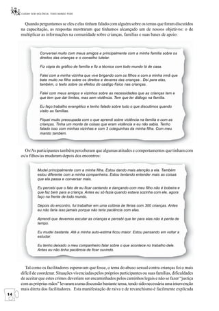 CUIDAR SEM VIOLÊNCIA, TODO MUNDO PODE



       Quando perguntamos se eles e elas tinham falado com alguém sobre os temas que foram discutidos
     na capacitação, as respostas mostraram que tínhamos alcançado um de nossos objetivos: o de
     multiplicar as informações na comunidade sobre crianças, famílias e suas bases de apoio:



                  Conversei muito com meus amigos e principalmente com a minha família sobre os
                  direitos das crianças e o conselho tutelar.

                  Fiz cópia do gráfico de família e fiz a técnica com todo mundo lá de casa.

                  Falei com a minha vizinha que vive brigando com os filhos e com a minha irmã que
                  bate muito na filha sobre os direitos e deveres das crianças . Dei para elas,
                  também, o texto sobre os efeitos do castigo físico nas crianças.

                  Falei com meus amigos e vizinhos sobre as necessidades que as crianças tem e
                  que tem que dar limites, mas sem violência. Tem que ter diálogo na família.

                  Eu faço trabalho evangélico e tenho falado sobre tudo o que discutimos quando
                  visito as famílias.

                  Fiquei muito preocupada com o que aprendi sobre violência na família e com as
                  crianças. Tinha um monte de coisas que eram violência e eu não sabia. Tenho
                  falado isso com minhas vizinhas e com 3 coleguinhas da minha filha. Com meu
                  marido também.



       Os/As participantes também perceberam que algumas atitudes e comportamentos que tinham com
     os/a filhos/as mudaram depois dos encontros:


                Mudei principalmente com a minha filha. Estou dando mais atenção a ela. Também
                estou diferente com a minha companheira. Estou tentando entender mais as coisas
                que ela passa e conversar mais.

                Eu percebi que o fato de eu ficar cantando e dançando com meu filho não é bobeira e
                que faz bem para a criança. Antes eu só fazia quando estava sozinha com ele, agora
                faço na frente de todo mundo.

                Depois do encontro, fui trabalhar em uma colônia de férias com 300 crianças. Antes
                eu não faria isso jamais porque não teria paciência com elas.

                Aprendi que devemos escutar as crianças e percebi que ler para elas não é perda de
                tempo.

                Eu mudei bastante. Até a minha auto-estima ficou maior. Estou pensando em voltar a
                estudar.

                Eu tenho deixado o meu companheiro falar sobre o que acontece no trabalho dele.
                Antes eu não tinha paciência de ficar ouvindo.



        Tal como os facilitadores esperavam que fosse, o tema do abuso sexual contra crianças foi o mais
     difícil de coordenar. Situações vivenciadas pelos próprios participantes ou suas famílias, dificuldades
     de aceitar que estes crimes deveriam ser encaminhados pelos caminhos legais e não se fazer “justiça
     com as próprias mãos” levaram a uma discussão bastante tensa, tendo sido necessária uma intervenção
     mais direta dos facilitadores. Esta manifestação de raiva e de revanchismo é facilmente explicada
14
 