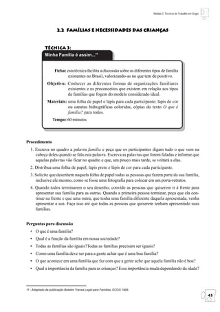 Módulo 2: Técnicas de Trabalho em Grupo




                      2.2 Famílias e Necessidades das Crianças


             Técnica 3:
             Minha Família é assim...11


                    Ficha: esta técnica facilita a discussão sobre os diferentes tipos de família
                            existentes no Brasil, valorizando-as no que tem de positivo.
               Objetivo: Conhecer as diferentes formas de organizações familiares
                         existentes e os preconceitos que existem em relação aos tipos
                         de famílias que fogem do modelo considerado ideal.
               Materiais: uma folha de papel e lápis para cada participante; lápis de cor
                          ou canetas hidrográficas coloridas, cópias do texto O que é
                          família? para todos.
                  Tempo: 60 minutos




Procedimento
   1. Escreva no quadro a palavra família e peça que os participantes digam tudo o que vem na
      cabeça deles quando se fala esta palavra. Escreva as palavras que forem faladas e informe que
      aquelas palavras vão ficar no quadro e que, um pouco mais tarde, se voltará a elas.
   2. Distribua uma folha de papel, lápis preto e lápis de cor para cada participante.
   3. Solicite que desenhem naquela folha de papel todas as pessoas que fazem parte da sua família,
      inclusive ele mesmo, como se fosse uma fotografia para colocar em um porta-retratos.
   4. Quando todos terminarem o seu desenho, convide as pessoas que quiserem ir à frente para
      apresentar sua família para as outras. Quando a primeira pessoa terminar, peça que ela con-
      tinue na frente e que uma outra, que tenha uma família diferente daquela apresentada, venha
      apresentar a sua. Faça isso até que todas as pessoas que quiserem tenham apresentado suas
      famílias.


Perguntas para discussão
   • O que é uma família?
   • Qual é a função da família em nossa sociedade?
   • Todas as famílias são iguais?Todas as famílias precisam ser iguais?
   • Como uma família deve ser para a gente achar que é uma boa família?
   • O que acontece em uma família que faz com que a gente ache que aquela família não é boa?
   • Qual a importância da família para as crianças? Essa importância muda dependendo da idade?



11 - Adaptado da publicação Boletim Transa Legal para Famílias, ECOS 1999.
                                                                                                                           43
 
