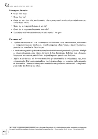 CUIDAR SEM VIOLÊNCIA, TODO MUNDO PODE


     Pontos para discussão
       • O que é ser mãe?
       • O que é ser pai?
       • O que um pai e uma mãe precisam saber e fazer para garantir um bom desenvolvimento para
         seus filhos e filhas?
       • Quais são as responsabilidades de um pai?
       • Quais são as responsabilidades de uma mãe?
       • É diferente criar/educar um menino ou uma menina? Por quê?


     Encerramento14
       - Segundo documentos do UNICEF, competências familiares são os conhecimentos, as atitudes e
         os comportamentos das famílias que contribuem para a sobrevivência, o desenvolvimento, a
         proteção e a participação das crianças.
       - Cabe à família garantir que as crianças recebam uma alimentação saudável; cuidar e proteger
         as crianças; interagir com a criança por meio da fala, da música e da leitura para estimular a
         linguagem, a comunicação de idéias e prepará-la para o aprendizado da leitura.
       - Apesar da diversidade dos modelos familiares que encontramos na sociedade de hoje, ainda
         existem muitas diferenças em relação ao papel desempenhado por homens e mulheres dentro
         de uma família. Tanto um homem quanto uma mulher são igualmente responsáveis e competentes
         para cuidar dos filhos e das filhas.




     14 - Girade, H. Competências Fundamentais para Famílias e Comunidades em Desenvolvimento Infantil, apresentação no Encontro
     Compartilhando Olhares e Experiências em Pesquisa e Ação para Famílias e Comunidades, Rio de Janeiro, 3 de junho de 2003.
46
 