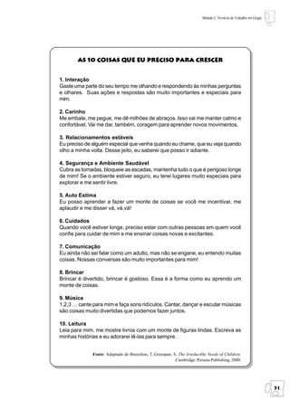 Módulo 2: Técnicas de Trabalho em Grupo




       As 10 coisas que eu preciso para crescer


1. Interação
Gaste uma parte do seu tempo me olhando e respondendo às minhas perguntas
e olhares. Suas ações e respostas são muito importantes e especiais para
mim.

2. Carinho
Me embale, me pegue, me dê milhões de abraços. Isso vai me manter calmo e
confortável. Vai me dar, também, coragem para aprender novos movimentos.

3. Relacionamentos estáveis
Eu preciso de alguém especial que venha quando eu chame, que eu veja quando
olho a minha volta. Desse jeito, eu saberei que posso ir adiante.

4. Segurança e Ambiente Saudável
Cubra as tomadas, bloqueie as escadas, mantenha tudo o que é perigoso longe
de mim! Se o ambiente estiver seguro, eu terei lugares muito especiais para
explorar e me sentir livre.

5. Auto Estima
Eu posso aprender a fazer um monte de coisas se você me incentivar, me
aplaudir e me disser vá, vá,vá!

6. Cuidados
Quando você estiver longe, preciso estar com outras pessoas em quem você
confie para cuidar de mim e me ensinar coisas novas e excitantes.

7. Comunicação
Eu ainda não sei falar como um adulto, mas não se engane, eu entendo muitas
coisas. Nossas conversas são muito importantes para mim!

8. Brincar
Brincar é divertido, brincar é gostoso. Essa é a forma como eu aprendo um
monte de coisas.

9. Música
1,2,3 … cante para mim e faça sons ridículos. Cantar, dançar e escutar músicas
são coisas muito divertidas que podemos fazer juntos.

10. Leitura
Leia para mim, me mostre livros com um monte de figuras lindas. Escreva as
minhas histórias e eu adorarei lê-las para sempre.


              Fonte: Adaptado de Brazelton, T.,Greespan, S. The Irreducible Needs of Children.
                                                          Cambridge: Perseus Publishing, 2000.




                                                                                                                   51
 