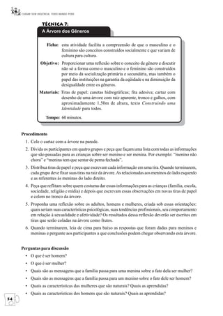 CUIDAR SEM VIOLÊNCIA, TODO MUNDO PODE



                   Técnica 7:
                   A Árvore dos Gêneros


                      Ficha: esta atividade facilita a compreensão de que o masculino e o
                             feminino são conceitos construídos socialmente e que variam de
                             cultura para cultura.
                  Objetivo: Proporcionar uma reflexão sobre o conceito de gênero e discutir
                            não só a forma como o masculino e o feminino são construídos
                            por meio da socialização primária e secundária, mas também o
                            papel das instituições na garantia da eqüidade e na diminuição da
                            desigualdade entre os gêneros.
                 Materiais: Tiras de papel; canetas hidrográficas; fita adesiva; cartaz com
                            desenho de uma árvore com raiz aparente, tronco e galhos, com
                            aproximadamente 1,50m de altura, texto Construindo uma
                            Identidade para todos.

                     Tempo: 60 minutos.


     Procedimento
       1. Cole o cartaz com a árvore na parede.
       2. Divida os participantes em quatro grupos e peça que façam uma lista com todas as informações
          que são passadas para as crianças sobre ser menino e ser menina. Por exemplo: “menino não
          chora” e “menina tem que sentar de perna fechada”.
       3. Distribua tiras de papel e peça que escrevam cada informação em uma tira. Quando terminarem,
          cada grupo deve fixar suas tiras na raiz da árvore. As relacionadas aos meninos do lado esquerdo
          e as referentes às meninas do lado direito.
       4. Peça que reflitam sobre quem costuma dar essas informações para as crianças (família, escola,
          sociedade, religião e mídia) e depois que escrevam essas observações em novas tiras de papel
          e colem no tronco da árvore.
       5. Proponha uma reflexão sobre os adultos, homens e mulheres, criada sob essas orientações:
          quais seriam suas características psicológicas, suas tendências profissionais, seu comportamento
          em relação à sexualidade e afetividade? Os resultados dessa reflexão deverão ser escritos em
          tiras que serão coladas na árvore como frutos.
       6. Quando terminarem, leia de cima para baixo as respostas que foram dadas para meninos e
          meninas e pergunte aos participantes a que conclusões podem chegar observando esta árvore.


     Perguntas para discussão
       • O que é ser homem?
       • O que é ser mulher?
       • Quais são as mensagens que a família passa para uma menina sobre o fato dela ser mulher?
       • Quais são as mensagens que a família passa para um menino sobre o fato dele ser homem?
       • Quais as características das mulheres que são naturais? Quais as aprendidas?
       • Quais as características dos homens que são naturais? Quais as aprendidas?
54
 