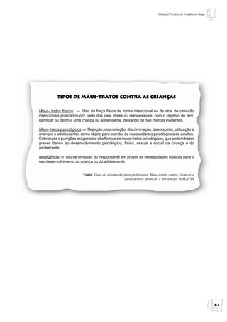 Módulo 2: Técnicas de Trabalho em Grupo




          Tipos de Maus-Tratos contra as Crianças


Maus- tratos físicos ⇒ Uso da força física de forma intencional ou de atos de omissão
intencionais praticados por parte dos pais, mães ou responsáveis, com o objetivo de ferir,
danificar ou destruir uma criança ou adolescente, deixando ou não marcas evidentes.

Maus-tratos psicológicos ⇒ Rejeição, depreciação, discriminação, desrespeito, utilização e
crianças e adolescentes como objeto para atender às necessidades psicológicas de adultos.
Cobranças e punições exageradas são formas de maus-tratos psicológicos, que podem trazer
graves danos ao desenvolvimento psicológico, físico, sexual e social da criança e do
adolescente.

Negligência ⇒ Ato de omissão do responsável em prover as necessidades básicas para o
seu desenvolvimento da criança ou do adolescente.


                         Fonte: Guia de orientação para professores. Maus-tratos contra crianças e
                                                   adolescentes; proteção e prevenção, ABRAPIA




                                                                                                                    63
 