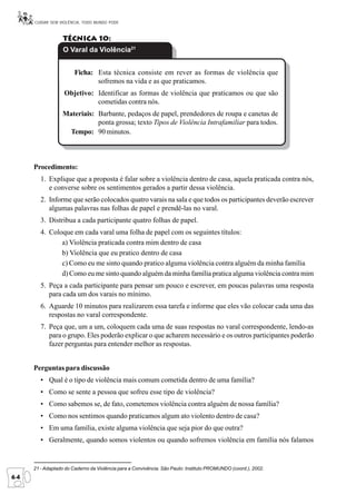 CUIDAR SEM VIOLÊNCIA, TODO MUNDO PODE



                  Técnica 10:
                  O Varal da Violência21


                       Ficha: Esta técnica consiste em rever as formas de violência que
                              sofremos na vida e as que praticamos.
                  Objetivo: Identificar as formas de violência que praticamos ou que são
                            cometidas contra nós.
                 Materiais: Barbante, pedaços de papel, prendedores de roupa e canetas de
                            ponta grossa; texto Tipos de Violência Intrafamiliar para todos.
                  Tempo: 90 minutos.



     Procedimento:
        1. Explique que a proposta é falar sobre a violência dentro de casa, aquela praticada contra nós,
           e converse sobre os sentimentos gerados a partir dessa violência.
        2. Informe que serão colocados quatro varais na sala e que todos os participantes deverão escrever
           algumas palavras nas folhas de papel e prendê-las no varal.
        3. Distribua a cada participante quatro folhas de papel.
        4. Coloque em cada varal uma folha de papel com os seguintes títulos:
               a) Violência praticada contra mim dentro de casa
               b) Violência que eu pratico dentro de casa
               c) Como eu me sinto quando pratico alguma violência contra alguém da minha família
               d) Como eu me sinto quando alguém da minha família pratica alguma violência contra mim
        5. Peça a cada participante para pensar um pouco e escrever, em poucas palavras uma resposta
           para cada um dos varais no mínimo.
        6. Aguarde 10 minutos para realizarem essa tarefa e informe que eles vão colocar cada uma das
           respostas no varal correspondente.
        7. Peça que, um a um, coloquem cada uma de suas respostas no varal correspondente, lendo-as
           para o grupo. Eles poderão explicar o que acharem necessário e os outros participantes poderão
           fazer perguntas para entender melhor as respostas.


     Perguntas para discussão
        • Qual é o tipo de violência mais comum cometida dentro de uma família?
        • Como se sente a pessoa que sofreu esse tipo de violência?
        • Como sabemos se, de fato, cometemos violência contra alguém de nossa família?
        • Como nos sentimos quando praticamos algum ato violento dentro de casa?
        • Em uma família, existe alguma violência que seja pior do que outra?
        • Geralmente, quando somos violentos ou quando sofremos violência em família nós falamos


     21 - Adaptado do Caderno da Violência para a Convivência. São Paulo: Instituto PROMUNDO (coord.), 2002.
64
 