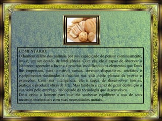 COMENTÁRIO:
O homem difere dos animais por sua capacidade de pensar continuamente,
isto é, um ser dotado de inteligência. Com ela, ele é capaz de observar a
Natureza; aprender a fazer e a procriar, modificando os elementos que Deus
lhe emprestou, para construir coisas, inventar dispositivos, artefatos e
equipamentos destinados a facilitar sua vida neste planeta de provas e
expiações. Com sua inteligência, ele é capaz de desenvolver teorias,
praticar e produzir obras de arte. Mas também é capaz de gerar destruição à
sua volta pelo emprego inadequado da tecnologia que desenvolveu.
Deus criou o homem para que ele soubesse equilibrar o uso de seus
recursos intelectuais com suas necessidades morais.
 
