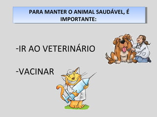 PARA MANTER O ANIMAL SAUDÁVEL, É IMPORTANTE:  IR AO VETERINÁRIO VACINAR  
