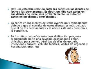 





Hay una estrecha relación entre las caries en los dientes de
leche y los permanentes. Es decir, un niño con caries en
sus dientes de leche será probablemente un niño con
caries en los dientes permanentes .
La caries en los dientes de leche avanza muy rápidamente
debido a que el esmalte de estos dientes es más delgado
que el de los permanentes y el nervio está más próximo a
la superficie.
En los niños pequeños esta descalcificación progresa
rápidamente hacia una cavidad, ocasionando dolor,
dificultad para comer, pérdidas de días de escuela,
infecciones bucales, celulitis faciales, visitas de urgencia y
hospitalizaciones, etc

 