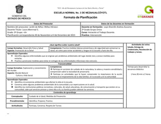 "2015. Año del Bicentenario Luctuoso de José María Morelos y Pavón"
ESCUELA NORMAL No. 3 DE NEZAHUALCÓYOTL
Formato de Planificación
Datos del Preescolar Datos de las docentes en formación
Nombre del preescolar: Jardín de Niños <Niños Héroes>
Docente Titular: Laura Monrreal S.
Grado: 3º Grupo: <A>
Planificación correspondiente:30 de Noviembre al 4 de Diciembre del 2015
Docente en formación: Loyo Alverdín Andrea Azucena
2º Grado Grupo Único
Curso: Iniciación al Trabajo Docente.
Practica: Intervención
¿Qué significa cuidar nuestra salud? Actividades de rutina
Saludo, Entrega de
Credenciales, Recolección de
trabajos y tareas.
Campo formativo: Desarrollo Físico y Salud
Aspecto: Promoción de la Salud
Competencia: Practica medidas básicas preventivas y de seguridad para preservar su
salud, así como para evitar accidentes y riesgos en la escuela y fuera de ella.
Aprendizajes Esperados:
 Identifica algunas enfermedades que se originan por problemas ambientales del lugar donde vive y conoce medidas para
evitarlas.
 Practica y promueve medidas para evitar el contagio de las enfermedades infecciosas más comunes.
Transversalidad
Campo formativo: Exploración y conocimiento
del mundo.
Aspecto: Mundo Natural
Cultura y Vida Social
Competencia:
 Participa en acciones de cuidado de la naturaleza, la valora y muestra sensibilidad y
comprensión sobre la necesidad de preservarla.
 Participa en actividades que le hacen comprender la importancia de la acción
humana en el mejoramiento de la vida familiar, en la escuela y en la comunidad
Tiempo para desarrollar la
secuencia didáctica
1 hora 30 min a 2 horas
Aprendizajes Esperados:
 Identifica circunstancias ambientales que afectan la vida en la escuela.
 Conversa sobre algunos problemas ambientales de la comunidad y sus repercusiones en la salud.
 Identifica las instituciones públicas recreativas, culturales, de salud, educativas, de comunicación y transporte que existen en su
comunidad, sabe qué servicios prestan y cómo ella o él y su familia pueden obtener los servicios.
Contenidos de aprendizaje
Conceptuales Cuidado de la Salud, Medidas de Prevención.
Procedimentales Identifica, Propone, Practica.
Actitudinales Participa, Conversa, Respeta de Turnos.
_
 