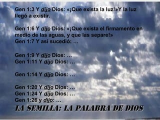 Gen 1:3 Y dijo Dios: «¡Que exista la luz!»Y la luz
llegó a existir.
Gen 1:6 Y dijo Dios: «¡Que exista el firmamento en
medio de las aguas, y que las separe!»
Gen 1:7 Y así sucedió: …
Gen 1:9 Y dijo Dios: …
Gen 1:11 Y dijo Dios: …
Gen 1:14 Y dijo Dios: …
Gen 1:20 Y dijo Dios: …
Gen 1:24 Y dijo Dios: …
Gen 1:26 y dijo: …
LA SEMILLA: LA PALABRA DE DIOSLA SEMILLA: LA PALABRA DE DIOS
 