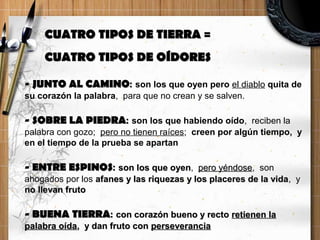 - JUNTO AL CAMINO- JUNTO AL CAMINO:: son los que oyen pero el diablo quita de
su corazón la palabra, para que no crean y se salven.
- SOBRE LA PIEDRA- SOBRE LA PIEDRA:: son los que habiendo oído, reciben la
palabra con gozo; pero no tienen raíces; creen por algún tiempo, y
en el tiempo de la prueba se apartan
- ENTRE ESPINOS- ENTRE ESPINOS:: son los que oyenson los que oyen, pero yéndosepero yéndose, son
ahogados por los afanes y las riquezas y los placeres de la vidaafanes y las riquezas y los placeres de la vida, y
no llevan frutono llevan fruto
- BUENA TIERRA- BUENA TIERRA:: con corazón bueno y rectocon corazón bueno y recto retienen laretienen la
palabra oídapalabra oída, y dan fruto con, y dan fruto con perseveranciaperseverancia
CUATRO TIPOS DE TIERRA =CUATRO TIPOS DE TIERRA =
CUATRO TIPOS DE OÍDORESCUATRO TIPOS DE OÍDORES
 