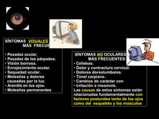SÍNTOMAS  NO  OCULARES  MÁS FRECUENTES: Cefaleas. Dolor y contractura cervical. Dolores dorsolumbares. Túnel carpiano. Cambios de carácter con  irritación e insomnio. Las  causas  de estos síntomas están  relacionadas fundamentalmente  con  factores posturales tanto de los ojos  como del  esqueleto y los músculos SÍNTOMAS  VISUALES  MÁS  FRECUENTES Pesadez ocular. Pesadez de los párpados. Visión borrosa. Enrojecimiento ocular.  Sequedad ocular. Molestias y dolores  causados por la luz. Arenilla en los ojos. Molestias permanentes 