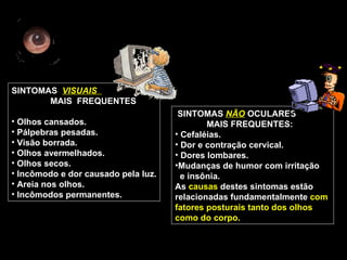 SINTOMAS  NÃO  OCULARES  MAIS FREQUENTES: Cefaléias. Dor e contração cervical. Dores lombares. Mudanças de humor com irritação  e insônia. As  causas  destes sintomas estão  relacionadas fundamentalmente  com  fatores posturais tanto dos olhos  como do corpo. SINTOMAS  VISUAIS  MAIS  FREQUENTES Olhos cansados. Pálpebras pesadas. Visão borrada. Olhos avermelhados.  Olhos secos. Incômodo e dor causado pela luz. Areia nos olhos. Incômodos permanentes. 