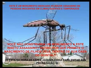 ESTE É UM MONUMENTO DEDICADO AO MAIOR ASSASSINO DE PESSOAS INOCENTES EM CLIMAS QUENTES E TEMPERADOS VOCÊ NÃO CONSTRUIRIA UM MONUMENTO A ESTE INSETO ASSASSINO? ENTÃO, POR QUE PERMITE O NASCIMENTO DE FILHOS DELE, DENTRO DE SUA CASA OU QUINTAL? JÁ ESTÁ NA HORA DE FAZER ALGUMA COISA PARA EVITAR SUA PROPAGAÇÃO 