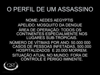 O PERFIL DE UM ASSASSINO NOME: AEDES AEGYPTIS  APELIDO: MOSQUITO DA DENGUE ÁREA DE OPERAÇÃO: TODOS OS CONTINENTES ESPECIALMENTE NOS LUGARES SUB-TROPICAIS. NÚMERO DE VÍTIMAS POR ANO: 50.000 000 CASOS DE PESSOAS INFETADAS, 500.000 HOSPITALIZADOS  E 20.000 MORREM. SITUAÇÃO ATUAL NO MUNDO: FORA DE CONTROLE E PERIGO IMINENTE. 