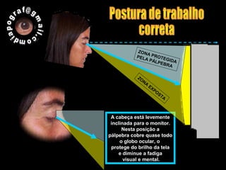 A cabeça está levemente
inclinada para o monitor.
Nesta posição a
pálpebra cobre quase todo
o globo ocular, o
protege do brilho da tela
e diminue a fadiga
visual e mental.
ZONA PROTEGIDA
PELA PÁLPEBRA
ZONA
EXPOSTA
 