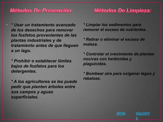 • * Usar un tratamiento avanzado      * Limpiar los sedimentos para
  de los desechos para remover        remover el exceso de nutrientes.
  los fosfatos provenientes de las
  plantas industriales y de           * Retirar o eliminar el exceso de
  tratamiento antes de que lleguen    maleza.
  a un lago.
                                      * Controlar el crecimiento de plantas
                                      nocivas con herbicidas y
  * Prohibir o establecer límites
                                      plaguicidas.
  bajos de fosfatos para los
  detergentes.
                                      * Bombear aire para oxigenar lagos y
                                      rebalses.
  * A los agricultores se les puede
  pedir que planten árboles entre
  sus campos y aguas
  superficiales.


                                                       atras      siguient
                                                                  e
 