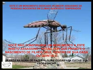 ESTE É UM MONUMENTO DEDICADO AO MAIOR ASSASSINO DE PESSOAS INOCENTES EM CLIMAS QUENTES E TEMPERADOS VOCÊ NÃO CONSTRUIRIA UM MONUMENTO A ESTE INSETO ASSASSINO? ENTÃO, POR QUE PERMITE O NASCIMENTO DE FILHOS DELE, DENTRO DE SUA CASA OU QUINTAL? JÁ ESTÁ NA HORA DE FAZER ALGUMA COISA PARA EVITAR SUA PROPAGAÇÃO 