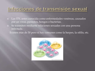  Las ITS, antes conocida como enfermedades venéreas, causados
por un virus, parásitos, hongos o bacterias.
 Se trasmiten mediante relaciones sexuales con una persona
infectada.
Existen mas de 30 pero si hay comunes como la herpes, la sífilis, etc.
 