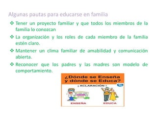 Algunas pautas para educarse en familia
 Tener un proyecto familiar y que todos los miembros de la
familia lo conozcan
 La organización y los roles de cada miembro de la familia
estén claro.
 Mantener un clima familiar de amabilidad y comunicación
abierta.
 Reconocer que los padres y las madres son modelo de
comportamiento.
 
