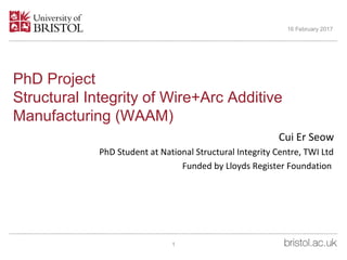 PhD Project
Structural Integrity of Wire+Arc Additive
Manufacturing (WAAM)
Cui Er Seow
PhD Student at National Structural Integrity Centre, TWI Ltd
Funded by Lloyds Register Foundation
1
16 February 2017
 