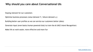 Why should you care about Conversational UIs
Staying relevant for our customers
Optimise business processes (value demand ↑, failure demand ↓)
Building better user profiles so we can service our customers better (data)
Generate input (even basics human powered chat) to train the AI (NLP, Intent Recognition)
Make life at work easier, more effective and more fun
 
