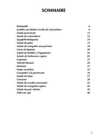 3
SO MMAIRE
Ratatouille 6
Le ntille s aux ble tte s e traïta de concom bre s 8
Salade prove nçale 11
Salade de concom bre s 13
Spagh e tti bolognaise 14
Salade de pâte s 17
Salade de courge tte s aux poivrons 19
Curry de légum e s 20
Salade de le ntille s à l'égyptie nne 23
Salade de be tte rave s rapée s 25
Caponate 27
Taboulé libanais 29
H um m us 31
Soupe au pistou 33
Courge tte s à la prove ncale 35
Salade de ch ou 37
Couscous 38
Salade de carotte s m arocaine 41
Salade de courge tte s rapée s 43
Salade de pois ch ich e s 45
Ch ili con soja 46
 