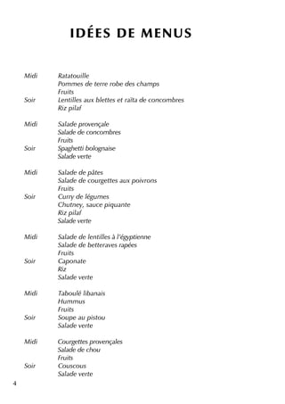 4
ID ÉES D E M ENU S
Midi Ratatouille
Pom m e s de te rre robe de s ch am ps
Fruits
Soir Le ntille s aux ble tte s e traïta de concom bre s
Riz pilaf
Midi Salade prove nçale
Salade de concom bre s
Fruits
Soir Spagh e tti bolognaise
Salade ve rte
Midi Salade de pâte s
Salade de courge tte s aux poivrons
Fruits
Soir Curry de légum e s
Ch utne y, sauce piq uante
Riz pilaf
Salade ve rte
Midi Salade de le ntille s à l'égyptie nne
Salade de be tte rave s rapée s
Fruits
Soir Caponate
Riz
Salade ve rte
Midi Taboulé libanais
H um m us
Fruits
Soir Soupe au pistou
Salade ve rte
Midi Courge tte s prove nçale s
Salade de ch ou
Fruits
Soir Couscous
Salade ve rte
 