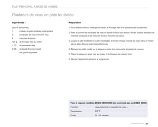 PLAT PRINCIPAL À BASE DE VIANDE


Roulades de veau en pâte feuilletée
Ingrédients :                                      Préparation

(pour 4 personnes)                                 1. Pour réaliser la farce, mélanger le basilic, le fromage frais et le parmesan et assaisonner.
1       rouleau de pâte feuilletée rectangulaire
                                                   2. Saler et poivrer les escalopes de veau et répartir la farce par dessus. Rouler chaque escalope de
4       escalopes de veau d’environ 70 g
                                                     manière compacte et les entourer de deux tranches de bacon.
8       tranches de bacon
                                                   3. Couper la pâte feuilletée en quatre rectangles. Enrouler chaque roulade de veau dans un rectan-
125 g   de fromage frais au raifort
                                                     gle de pâte. Décorer selon les préférences.
1 CS    de parmesan râpé
2 CS    de basilic finement ciselé                 4. Déposer les petits roulés sur la plaque en acier inox recouverte de papier de cuisson.
        Sel, poivre et piment
                                                   5. Placer la plaque en acier inox au niveau 1 de l’espace de cuisson froid.

                                                   6. Allumer l’appareil et démarrer le programme.




                                                     Four à vapeur combiné EKDG 6800/6900 (ne convient pas au EEBD 6600)

                                                     Fonction                     vapeur gourmet « paupiette de veau »

                                                     Température                  210°C

                                                     Durée                        30 – 35 minutes



                                                                                                                                               37
 