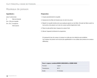 PLAT PRINCIPAL À BASE DE POISSON


Rouleaux de poisson
Ingrédients :                      Préparation

(pour 4 personnes)                 1. Couper grossièrement la roquette.
8         filets de limande
                                   2. Assaisonner les filets de limande avec du sel et du poivre.
Env. 100 g de roquette
Env. 20 g de pignons               3. Répartir la roquette hachée ainsi que quelques pignons sur les filets. Enrouler les filets à partir du
                                     bout pointu et les placer sur le bac de cuisson perforé légèrement huilé.
          Sel et poivre

                                   4. Placer le plat perforé dans l’espace de cuisson froid.

                                   5. Allumer l’appareil et démarrer le programme.




                                     En graissant le bac de cuisson, le poisson ne colle pas et se détache sans problème.
                                     Les rouleaux de poisson sont encore plus appétissants si vous utilisez des poissons de couleurs
                                     différentes.




                                     Four à vapeur combiné EKDG 6800/6900 et EEBD 6600

                                     Fonction                     vapeur

                                     Température                  80°C

                                     Durée                        10 minutes



40
 